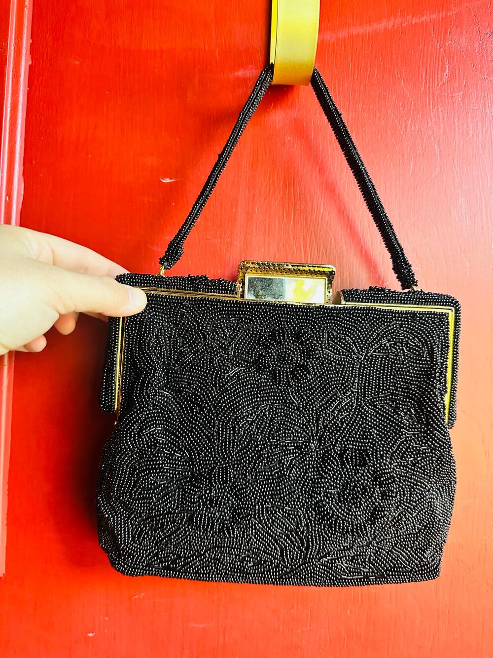 Vintage 70s/80s Black Beaded Embroidered Clutch Closure Beaded Handled Handbag